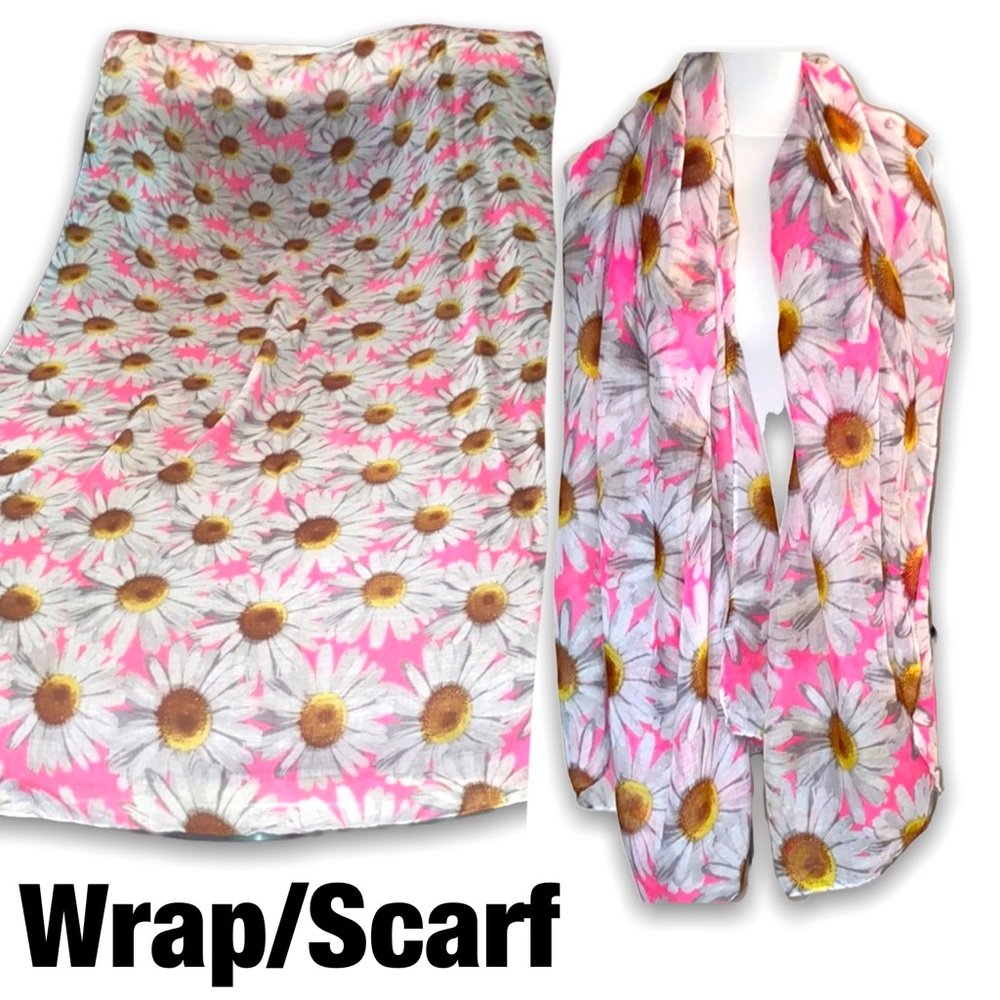 NWOT Pink Scarf Wrap w White & Yellow Daisies